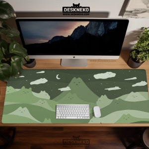 Green cats desk mat, Large Mousepad cute, Extended Deskmat xl, Aesthetic nature landscape, giant led mouse pad, ergonomic keyboard matt xl