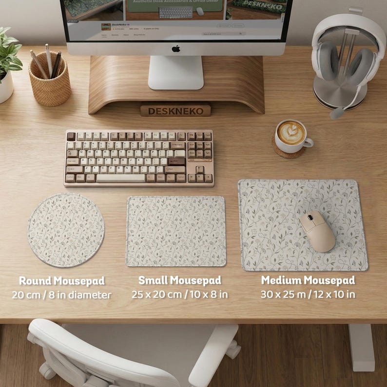 Tappetino da scrivania botanico avorio, tappetino per mouse minimalista di grandi dimensioni, tappetino da scrivania XXL esteso per tastiera e mouse, allestimento ufficio floreale, tappetino da scrivania deskneko immagine 12