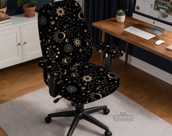 Schwarzer Himmlischer Bürostuhlbezug, Gold Star Schreibtischstuhlschoner, Stretch Armlehnenschoner, Waschbarer Gaming Stuhlschoner mit Hoher Rückenlehne