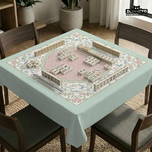 Pode incluir: Uma toalha de mesa quadrada verde claro com um desenho floral e um centro rosa, montada para um jogo de Mahjong. As peças do jogo, bege, estão dispostas sobre a mesa. Cadeiras de madeira circundam a mesa.