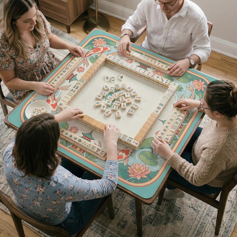 May include: A square wooden Mahjong table with a teal and cream-colored surface featuring koi fish and lotus flower designs. The table is surrounded by four people playing the game, with wooden tiles and racks visible.
