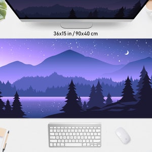 Purple forest Desk Mat Mousepad Nature landscape, Mountains night sky with moon and stars, big xl xxl gaming deskmat led rgb mouse pad large