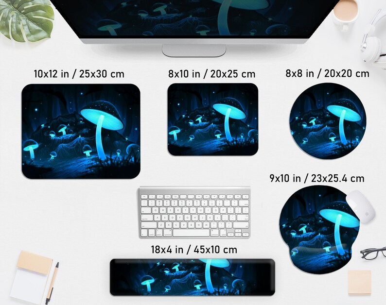May include: A collection of computer accessories featuring a glowing mushroom design in shades of blue. Includes a 10x12 inch mousepad, a 8x10 inch mousepad, a round 8x8 inch mousepad, a 9x10 inch ergonomic mousepad, and a 18x4 inch wrist rest.