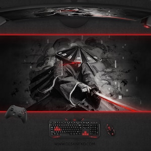 Japanese Desk mat, Samurai Mouse pad, Large gaming mousepad xxl, black white red Japan Oni Bushido Warrior Katana, XL rgb led light deskmat