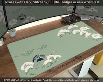 Japanese Desk Mat Green, Sage Mousepad Japan, Oriental asian art mouse pad xl, Long big large matt wrist rest, XXL aesthetic gaming deskmat