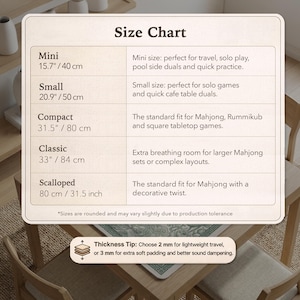 Puede incluir: Una tabla de tallas para tapetes de juego de Mahjong, con medidas en pulgadas y cent&iacute;metros. Los tama&ntilde;os incluyen Mini (15,7"/40 cm), Small (20,9"/50 cm), Compact (31,5"/80 cm), Classic (33"/84 cm) y Scalloped (80 cm/31,5 pulgadas).