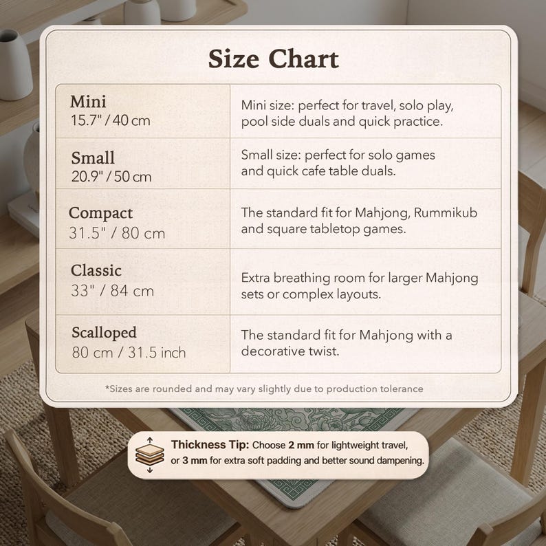 Puede incluir: Una tabla de tallas para tapetes de juego de Mahjong, con medidas en pulgadas y cent&iacute;metros. Los tama&ntilde;os incluyen Mini (15,7"/40 cm), Small (20,9"/50 cm), Compact (31,5"/80 cm), Classic (33"/84 cm) y Scalloped (80 cm/31,5 pulgadas).