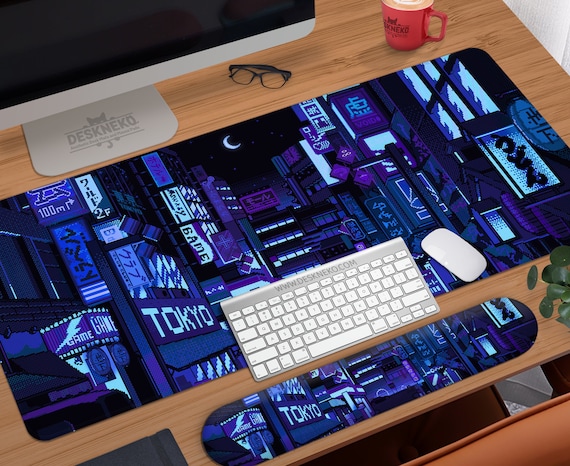 Gaming Desk Mat blue, Large Mouse pad rgb, Vaporwave Tokyo city street anime wrist rest, Wide XXL led deskmat Japanese mousepad for gamers