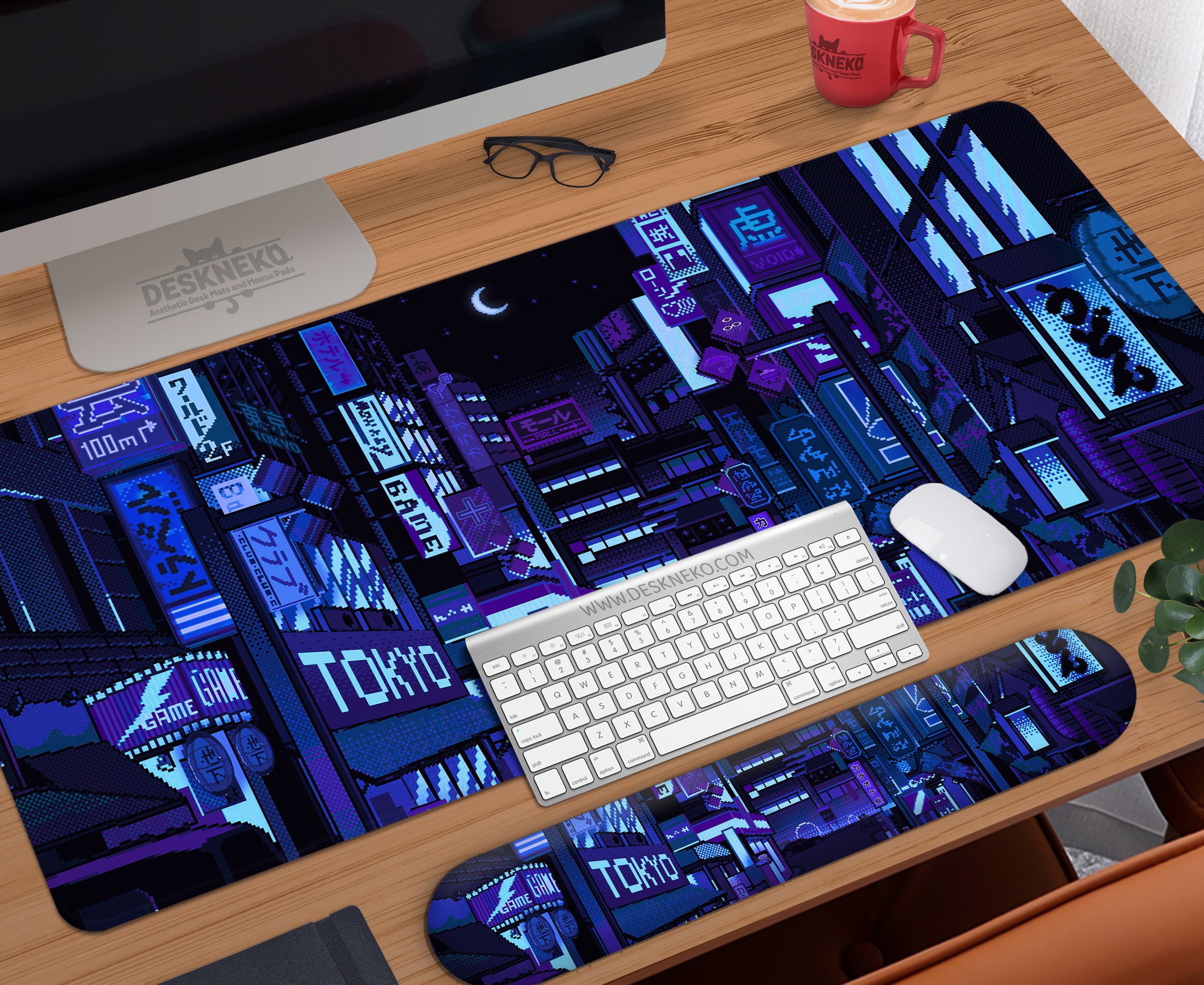 Gaming Desk Mat Blue, Large Mouse Pad Rgb, Vaporwave Tokyo