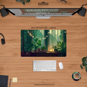 May include: Aesthetic desk mat with a serene illustration of a window scene with plants and string lights. The mat measures 24 x 14 inches. The text "DESKNEKO" and "Aesthetic Desk Mats and Mouse Pads" are visible on the screen. The website address www.deskneko.com is at the bottom.