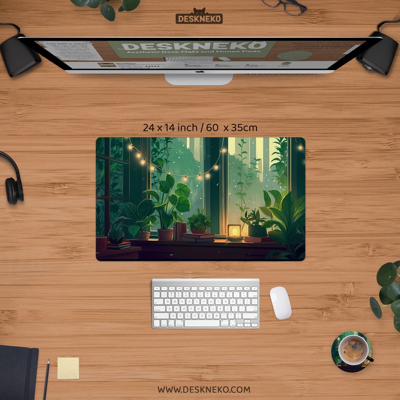 May include: Aesthetic desk mat with a serene illustration of a window scene with plants and string lights. The mat measures 24 x 14 inches. The text "DESKNEKO" and "Aesthetic Desk Mats and Mouse Pads" are visible on the screen. The website address www.deskneko.com is at the bottom.