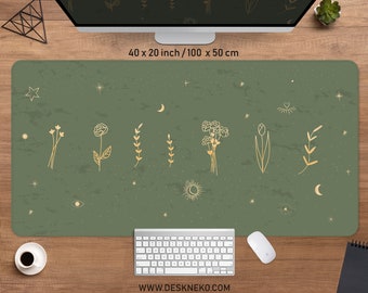 Green desk mat cottagecore, Minimal sage mouse pad aesthetic, xxl gaming deskmat rgb led xl, Nature plants match gold, Mousepad wrist rest