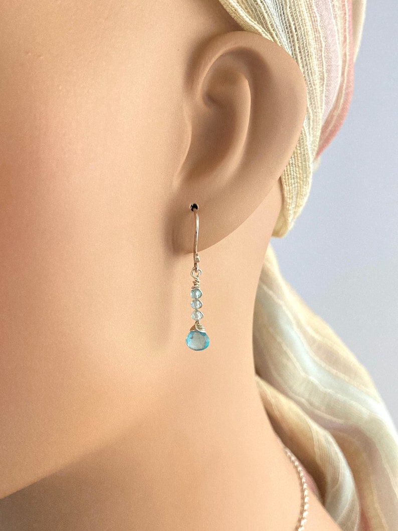 Petite Aqua Apatite and Sterling Silver Wire Wrapped Dangle Earrings Crystal Faerie