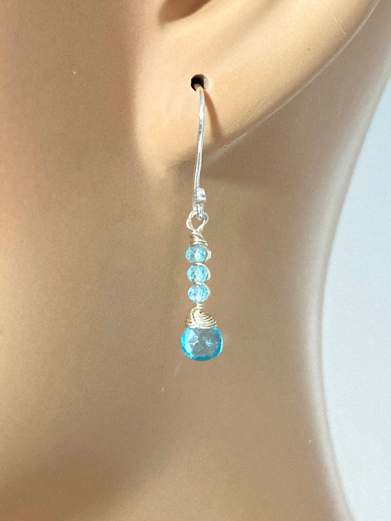 Petite Aqua Apatite and Sterling Silver Wire Wrapped Dangle Earrings Crystal Faerie