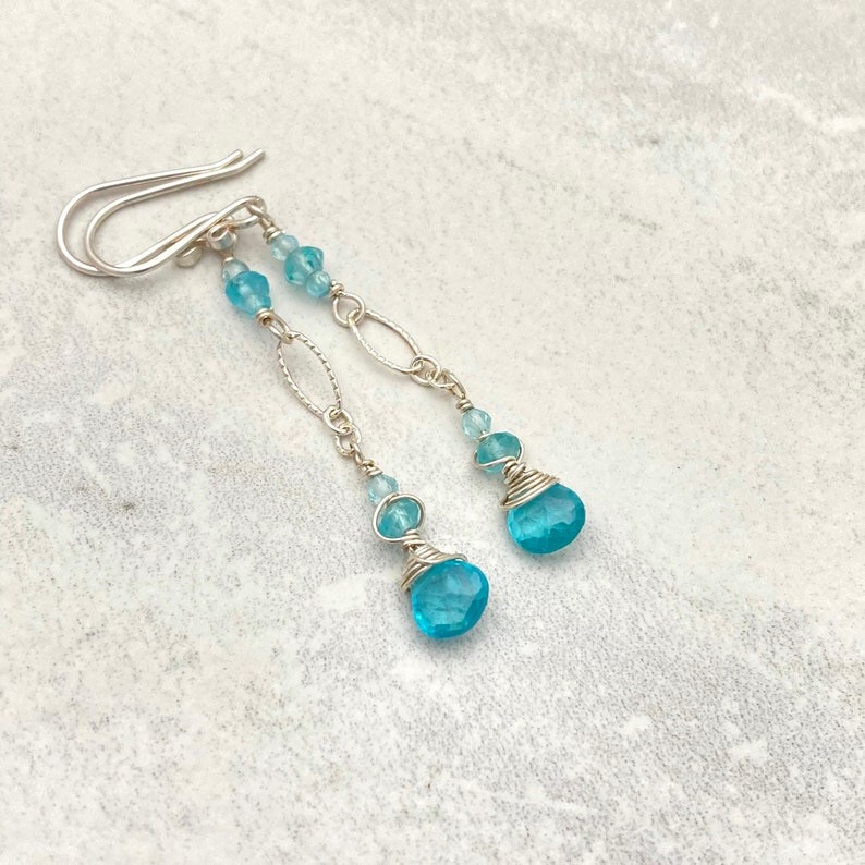 Aqua Apatite Sterling Silver Wire Wrapped Long Dangle Earrings Light Blue Earrings Crystal Faerie
