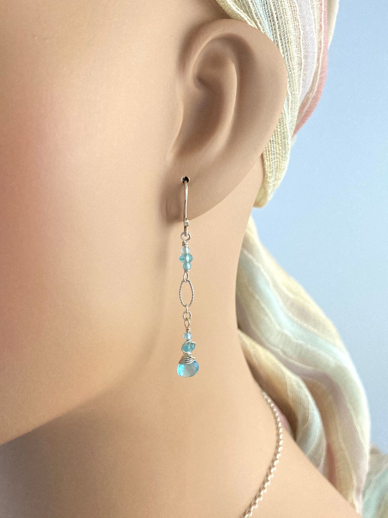 Aqua Apatite Sterling Silver Wire Wrapped Long Dangle Earrings Light Blue Earrings Crystal Faerie