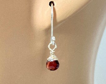 Dainty Minimalist Garnet and Sterling Silver Wire Wrapped Earrings, January Birthstone, Crystal Faerie