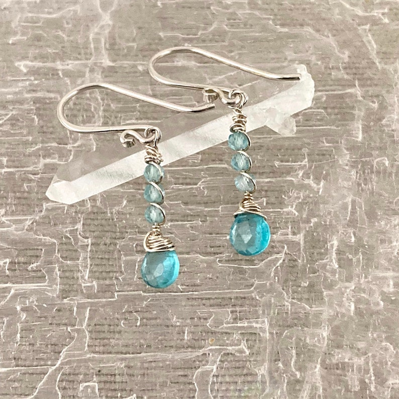 Petite Aqua Apatite and Sterling Silver Wire Wrapped Dangle Earrings Crystal Faerie