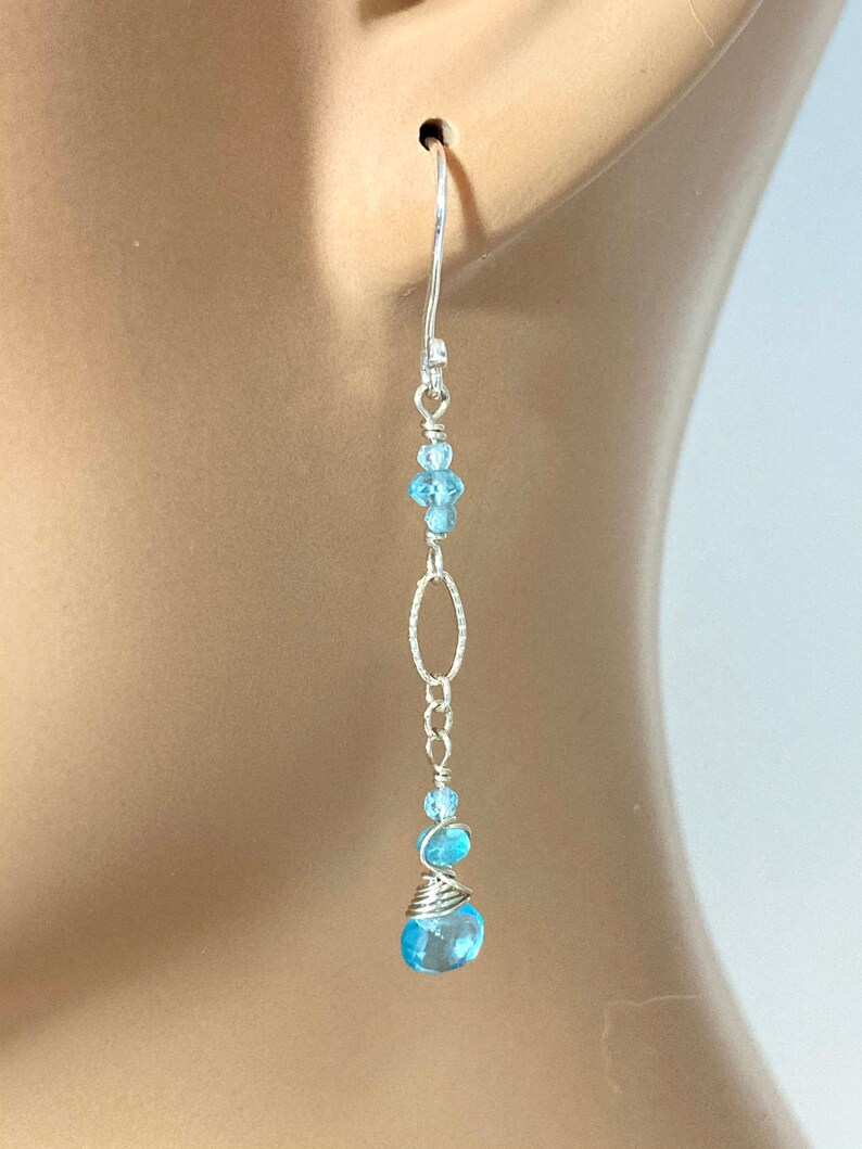 Aqua Apatite Sterling Silver Wire Wrapped Long Dangle Earrings Light Blue Earrings Crystal Faerie