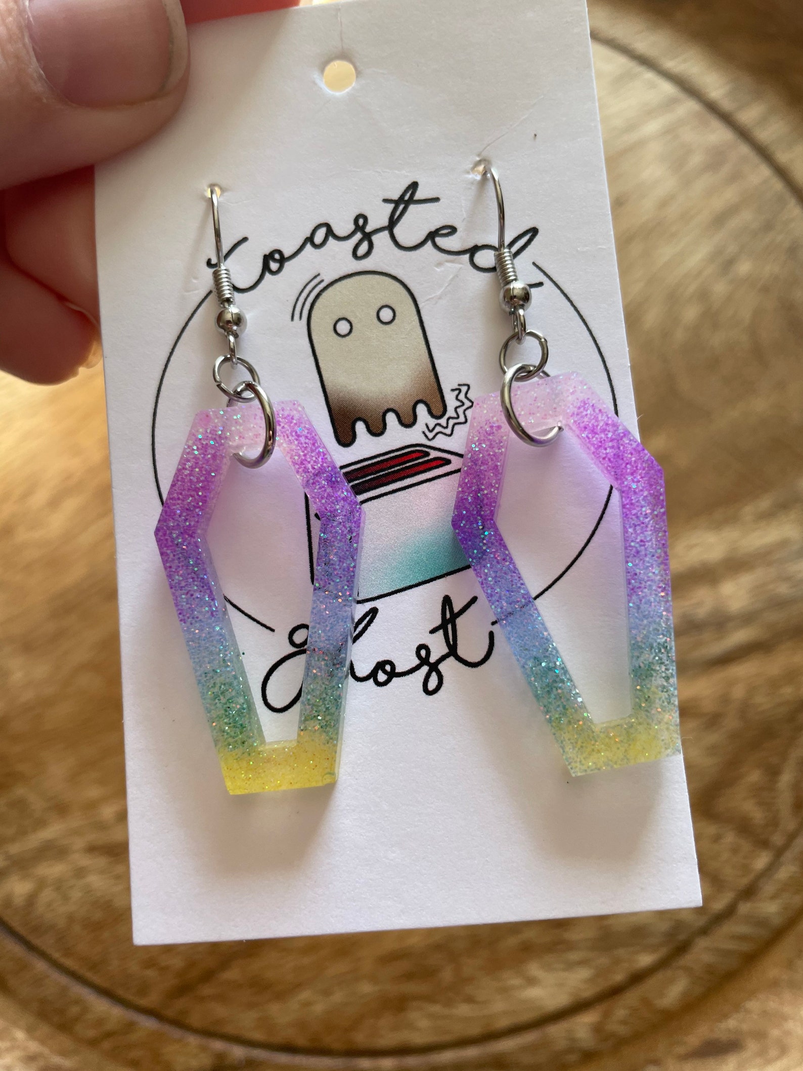 Pastel Rainbow Coffin Dangle Earrings Glitter Handmade