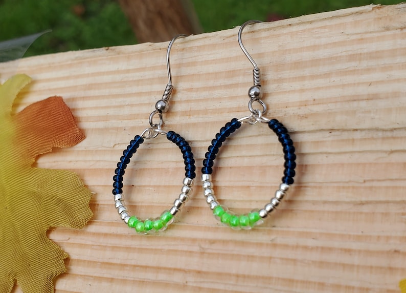 Seattle Seahawks Beaded Hoops Gift for Women and Girls Small Gift for Seahawks Fan Hypoallergenic Blue and Green Earrings