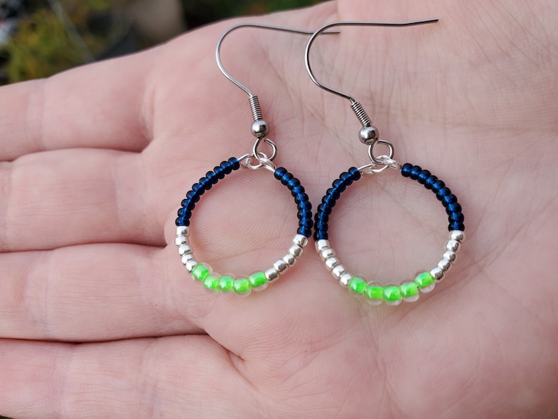 Seattle Seahawks Beaded Hoops Gift for Women and Girls Small Gift for Seahawks Fan Hypoallergenic Blue and Green Earrings