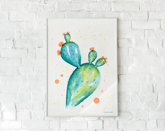 Peut inclure: Peinture à l'aquarelle d'un cactus vert avec des fleurs orange sur un fond blanc avec des éclaboussures jaunes et orange.
