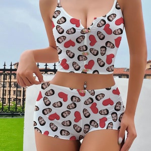 Photo and heart Custom Appliques Notched Neckline Lingerie Set, gift, bachelorette party