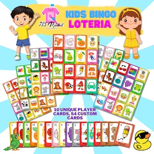 KIDS BINGO LOTERIA, incluye 10 mesas de jugadores únicas, 54 cartones personalizados, a prueba de agua