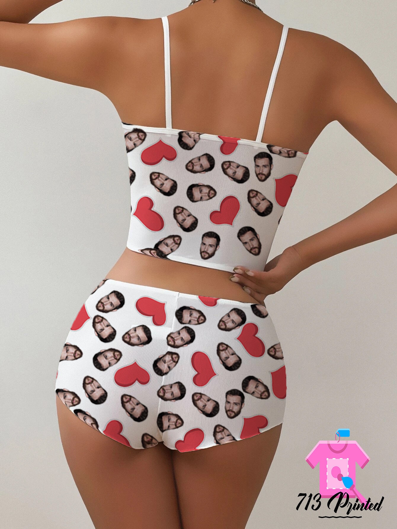 Photo and heart Custom Appliques Notched Neckline Lingerie Set, gift, bachelorette party