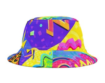 Neon 90s Retro Pattern Bucket Hat | Colorful Memphis Print
