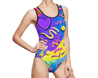 90s Neon Memphis Pattern One-Piece Swimsuit | Retro Pop Art