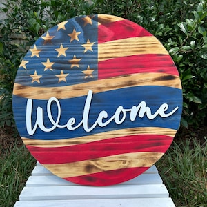 Rustic Patriotic Wooden Door Hanger, American Flag Wooden Door Wreath, Red White and Blue, July 4th Porch Decor, Welcome Sign
