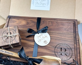 Three-Piece Engraved Cutting Board, Spoon, and Coaster Set, Personalized with the Design and Text of Your Choice