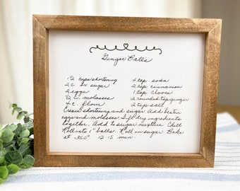 Handwritten Recipe Engraved on Wood Framed Sign | Handwritten Message Engraved | Handwritten Note Framed