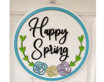 Happy Spring Wood Door Hanger | Spring Wood Wreath | Happy Spring Sign for Front Door, Porch, Shelf, or Tabletop