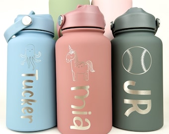 Kids Water Bottle Personalized Tumbler with their Name and Optional Cute Designs | Engraved Child's Tumbler Cup With Straw & Handle