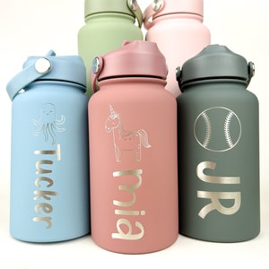Kids Water Bottle, Personalized with their Name and Optional Cute Designs | Engraved Kids Tumbler Cup | With Straw & Handle