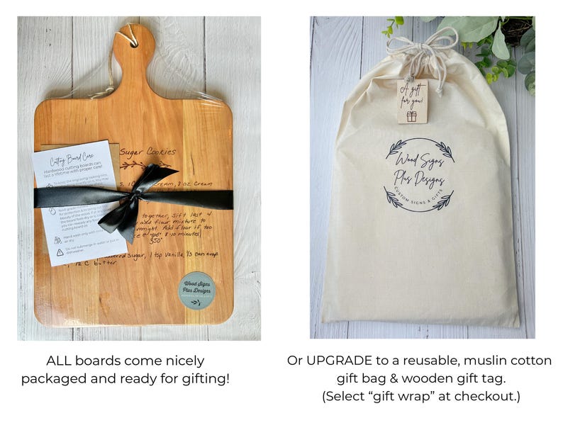 Gift wrap options for engraved wooden cutting boards. All custom boards come packaged for gift giving with a black ribbon, shop sticker, and cutting board care instructions. You can also upgrade to a reusable cloth gift bag and wooden gift tag.