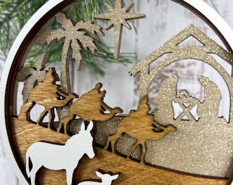 Nativity Scene Personalized Christmas Ornament, Layered Wooden Nativity Ornament, Your Custom Text, Christmas Gift Idea