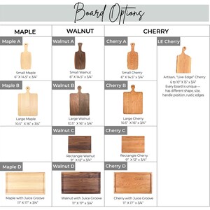 Cutting board options for engraved cutting boards. Maple, walnut, cherry, and live edge cherry in various sizes.