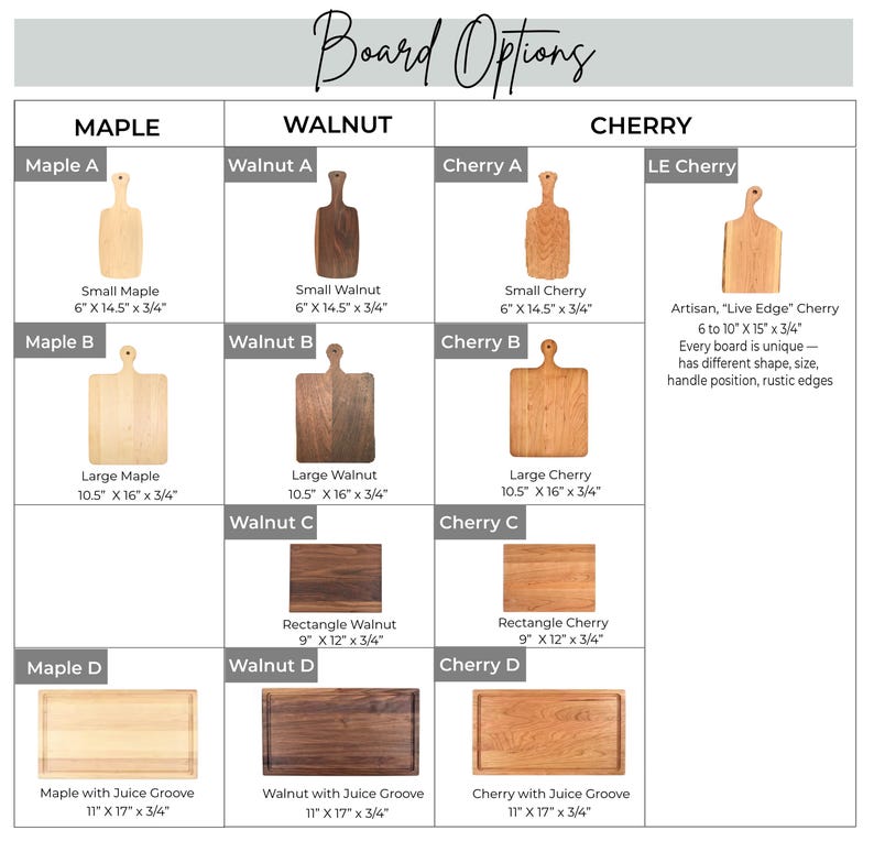 Cutting board options for engraved cutting boards. Maple, walnut, cherry, and live edge cherry in various sizes.
