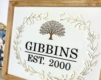 Framed Last Name Sign |Family Established Sign with Family Tree Emblem