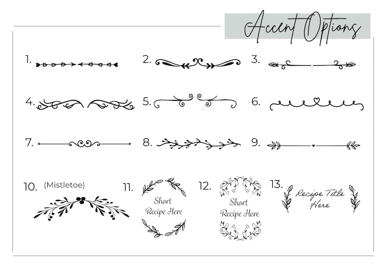 Decorative accent options to be engraved by title of recipe cutting boards.
