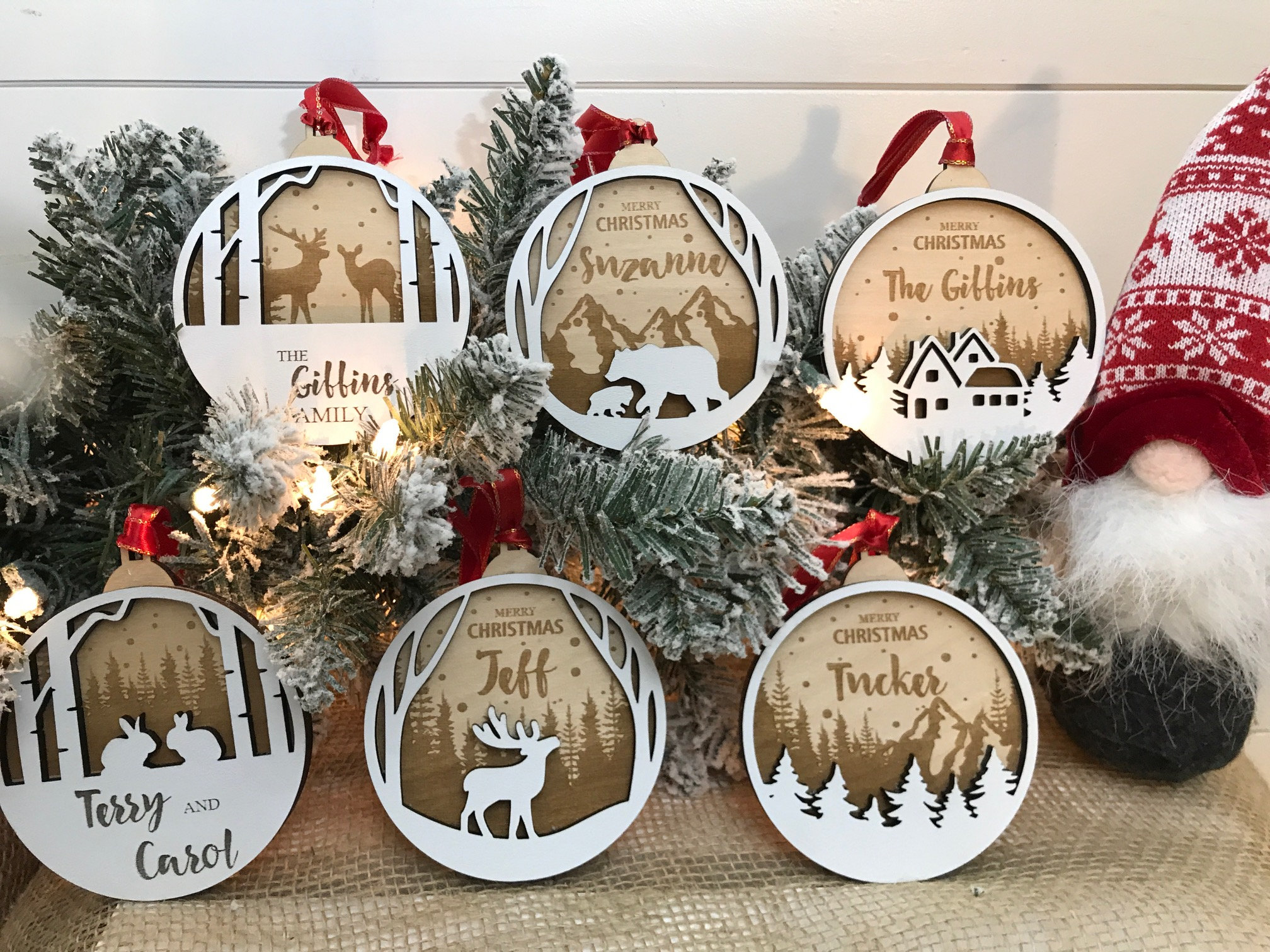 Personalized Christmas Ornaments, Wood Christmas Ornaments With Nature and Winter Designs, Engraved With Custom Family Names - Etsy