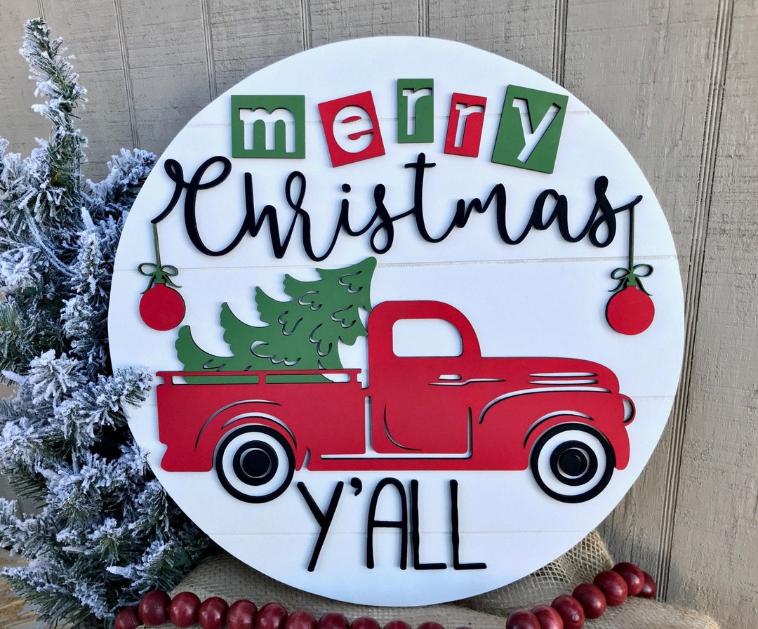 Red Truck Christmas Door Sign Shiplap Style Sign Layered Etsy UK