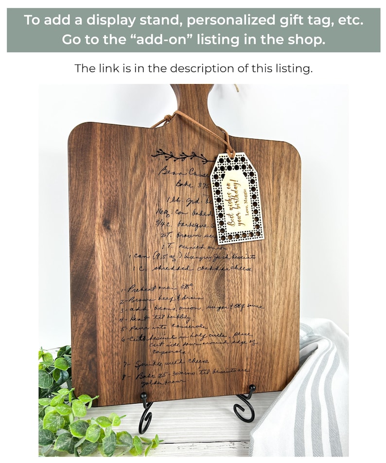 Add a metal display stand, personalized wooden gift tag, and more from the add-on listing in the shop.