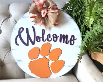 Clemson Tiger Paw, Rustic Wooden Welcome Welcome Sign, Raised (3D) Lettering & Paw