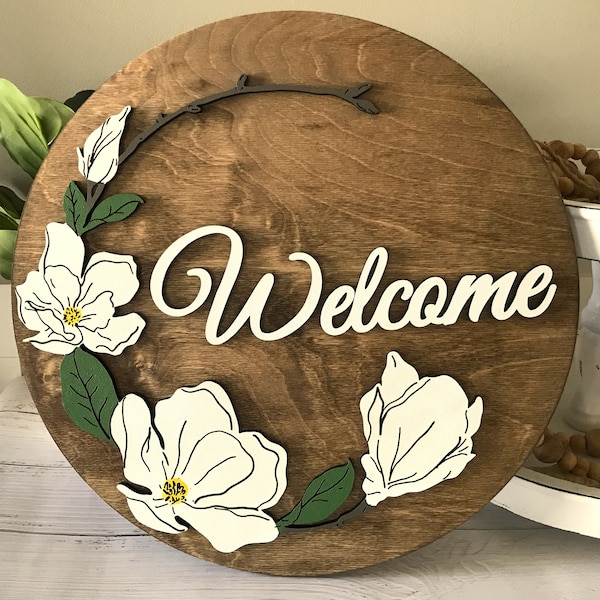 Southern Magnolia Wreath Wood Sign | Door Hanger or Tabletop Size | Custom Text | Sign for Door, Wall, or Tabletop | Raised, 3D Design