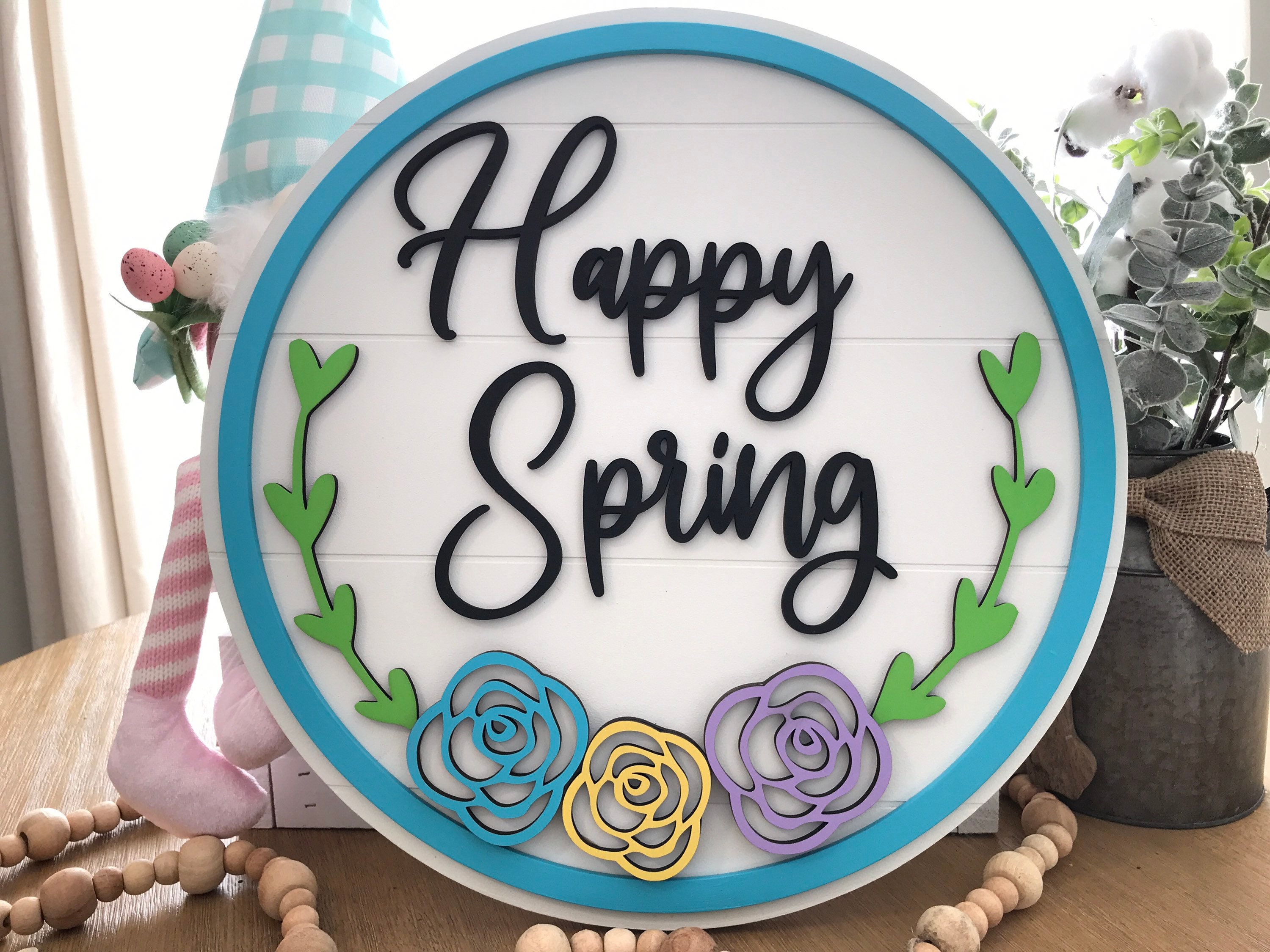 Happy Spring Wood Door Hanger | Spring Wood Wreath | Happy Spring Sign ...